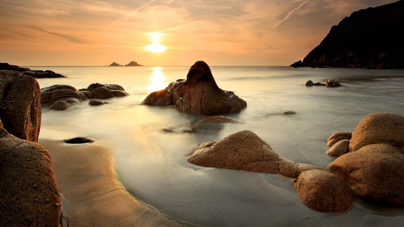 Rocks on Beach at Sunset — Orange, Serene, Photograph, Sun, Sea