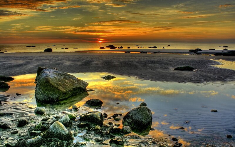 Rocks on Beach at Sunset — Orange, Serene, Photograph