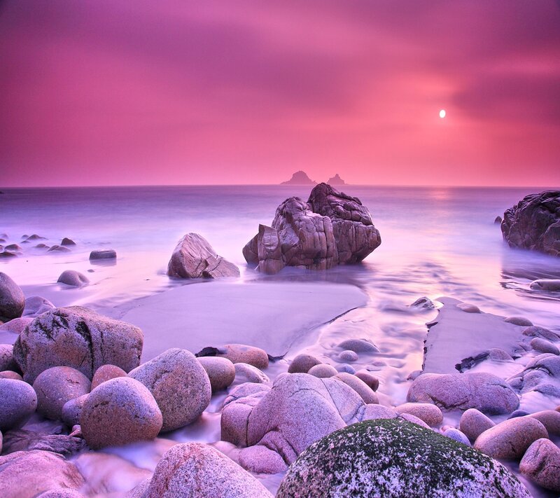 Rocks on Beach at Sunset — Pink, Serene, Photograph, Ocean, Sky, Moon