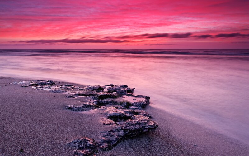 Rocks on Beach at Sunset — Pink, Serene, Photograph, Ocean, Sky, Purple