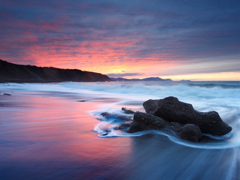 Rocks on Beach at Sunset — Pink, Serene, Photograph