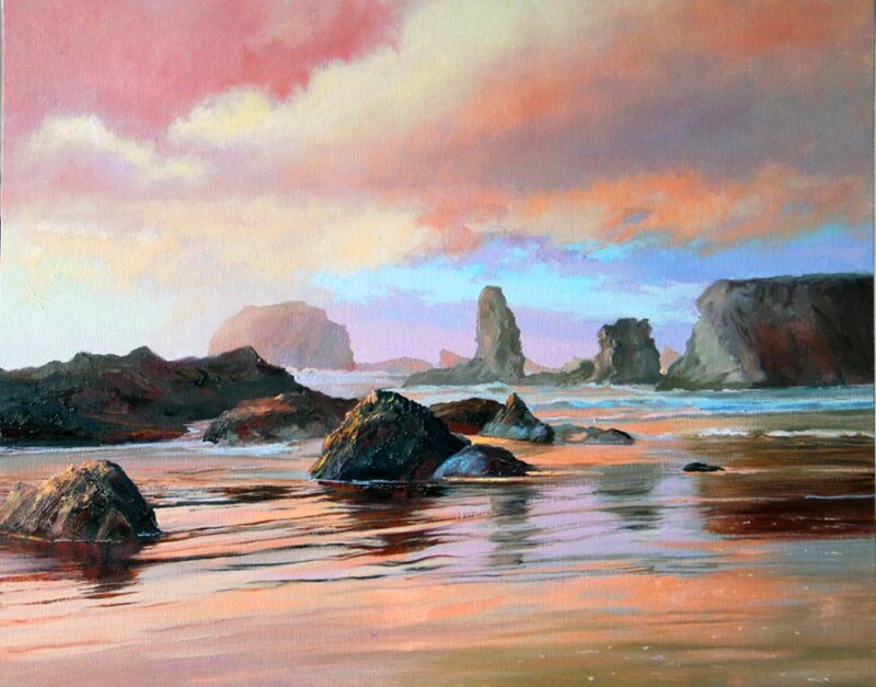 Rocks on Beach at Sunset — Pink, Serene