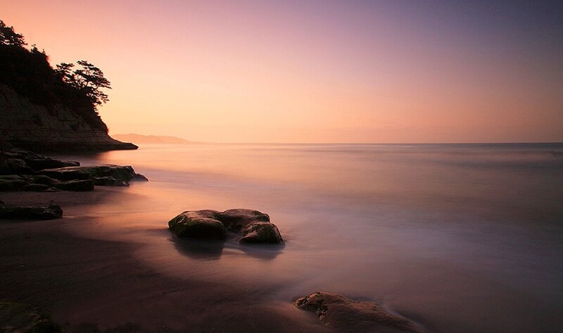 Rocks on Beach at Sunset — Pink