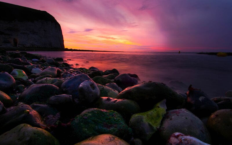 Rocks on Beach at Sunset — Purple, Dramatic, Photograph, Cliff