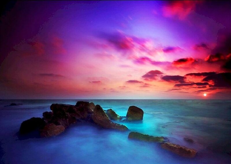 Rocks on Beach at Sunset — Purple, Dramatic, Photograph, Ocean, Sky, Clouds, Pink