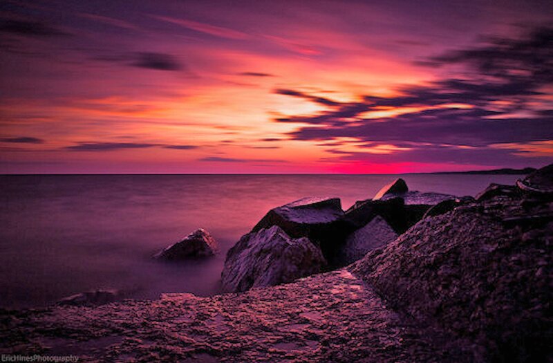 Rocks on Beach at Sunset — Purple, Dramatic, Photograph, Ocean, Sky