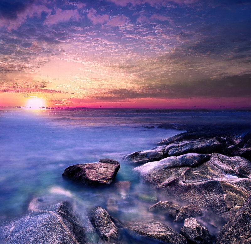 Rocks on Beach at Sunset — Purple, Dramatic, Photograph, Ocean