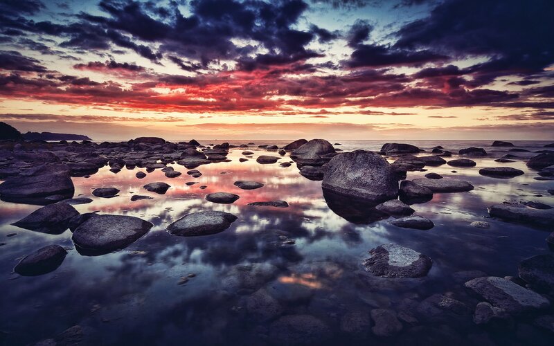 Rocks on Beach at Sunset — Purple, Dramatic, Photograph, Sky, Clouds