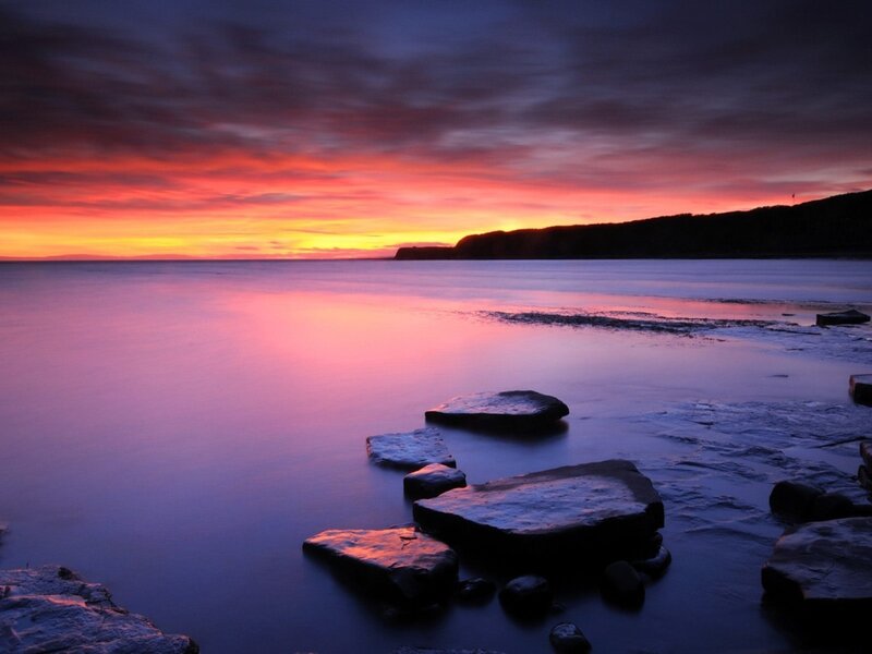 Rocks on Beach at Sunset — Purple, Dramatic, Photograph, Sky, Sea