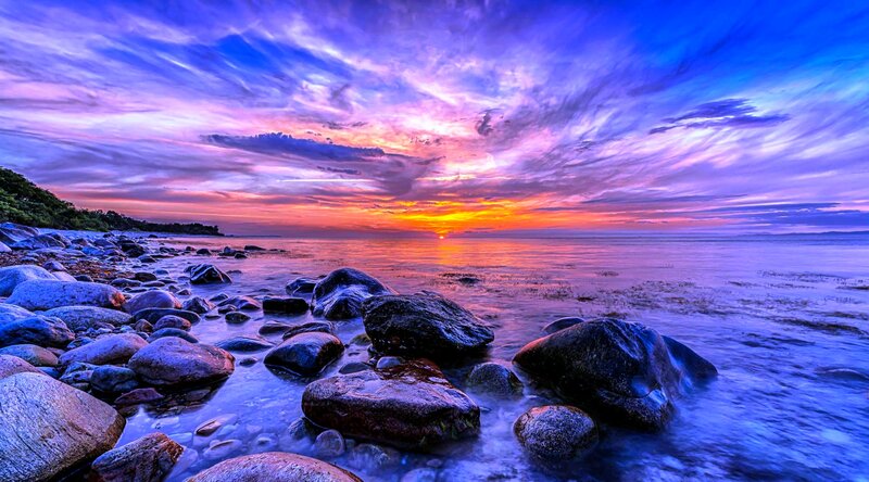 Rocks on Beach at Sunset — Purple, Dramatic, Photograph, Sky