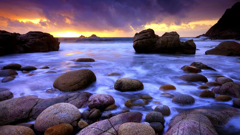 Rocks on Beach at Sunset — Purple, Dramatic, Photograph