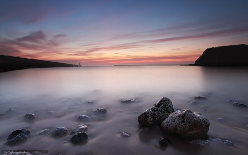 Rocks on Beach at Sunset — Purple, Serene, Photograph, Lighthouse