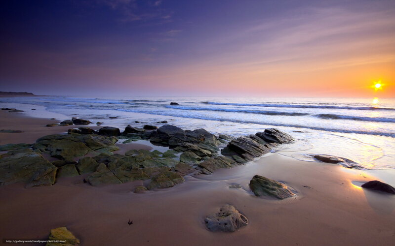 Rocks on Beach at Sunset — Purple, Serene, Photograph, Ocean, Sand