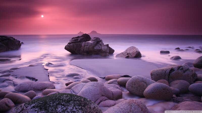 Rocks on Beach at Sunset — Purple, Serene, Photograph, Ocean, Sky, Island