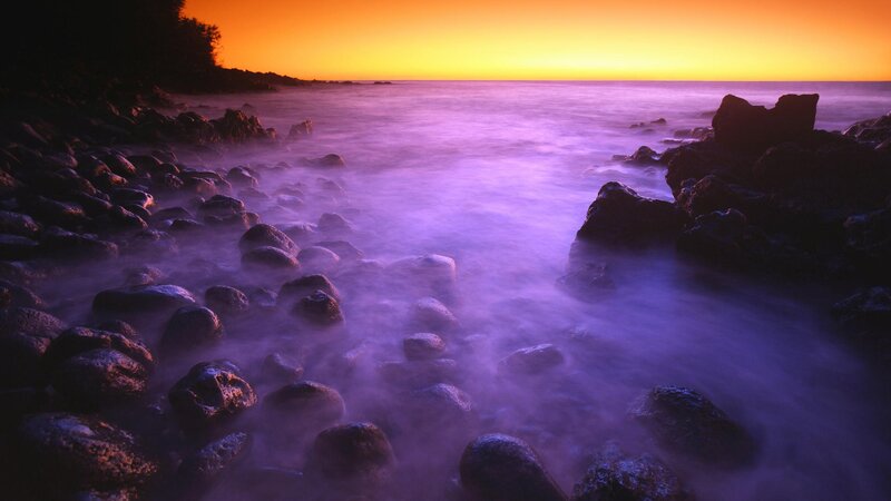 Rocks on Beach at Sunset — Purple, Serene, Photograph, Ocean, Sky, Orange