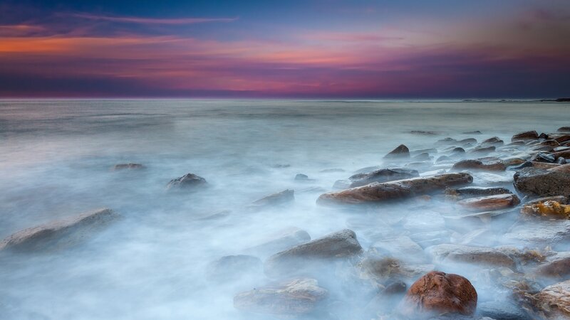 Rocks on Beach at Sunset — Purple, Serene, Photograph, Ocean, Sky, Pink