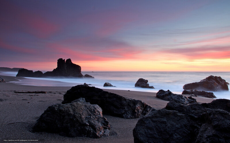 Rocks on Beach at Sunset — Purple, Serene, Photograph, Ocean, Sky, Sand