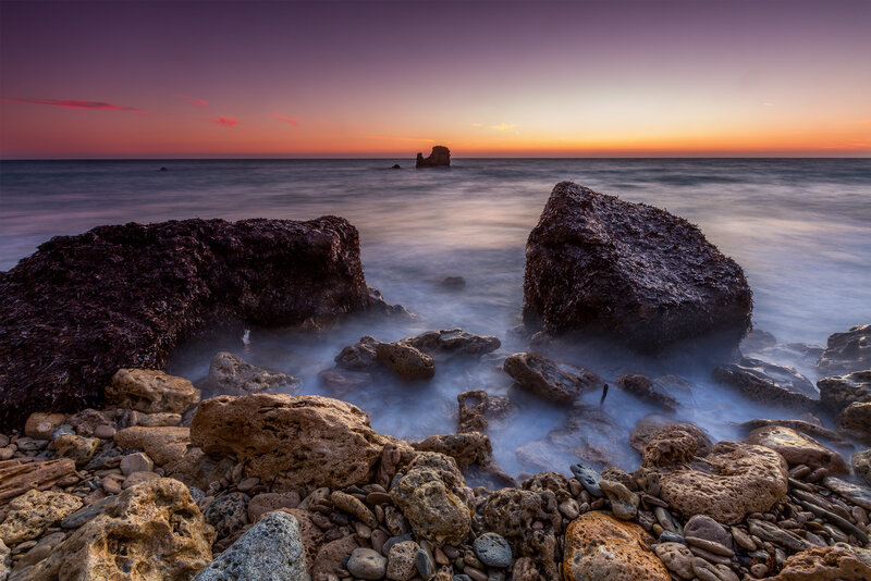 Rocks on Beach at Sunset — Purple, Serene, Photograph, Ocean, Sky, Seaweed