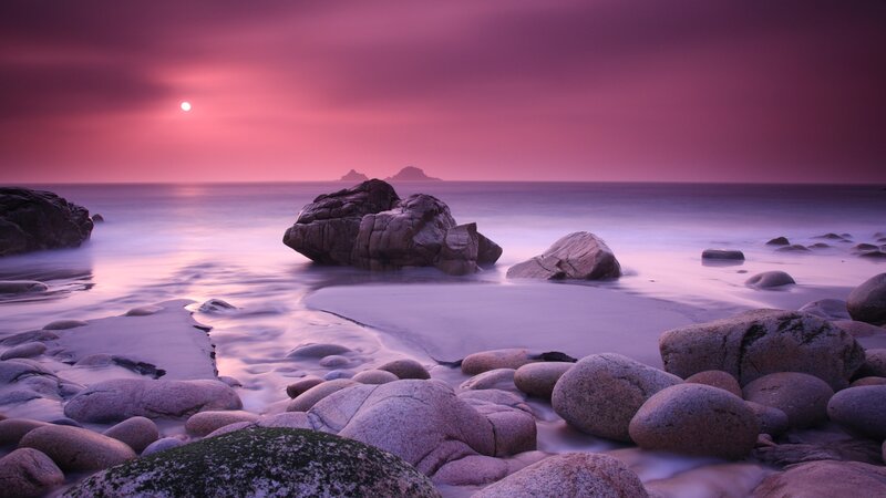 Rocks on Beach at Sunset — Purple, Serene, Photograph, Ocean, Sky