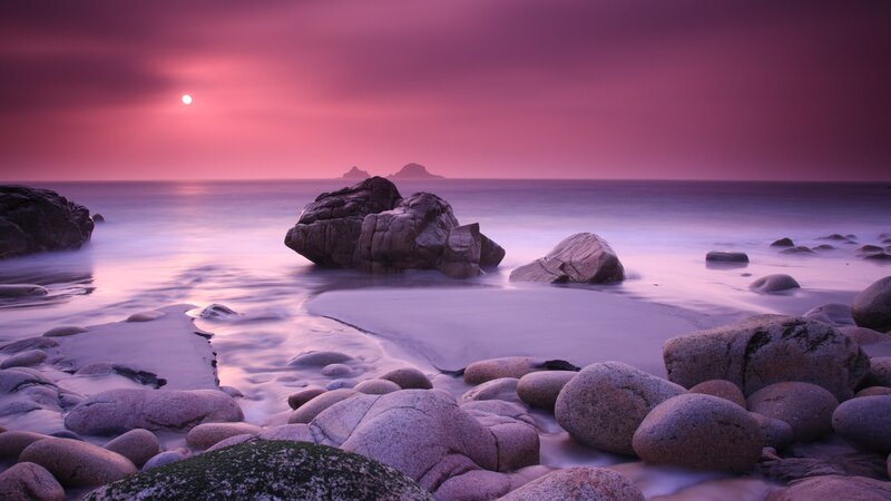 Rocks on Beach at Sunset — Purple, Serene, Photograph, Sea, Sky