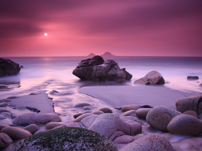 Rocks on Beach at Sunset — Purple, Serene, Photograph, Sun, Ocean