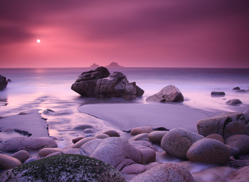Rocks on Beach at Sunset — Purple, Serene, Photograph