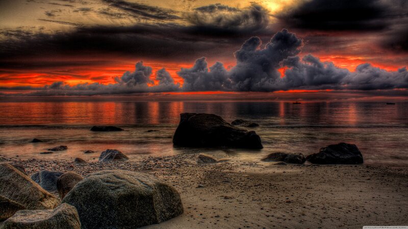 Rocks on Beach at Sunset — Red, Dramatic, Photograph, Ocean, Clouds