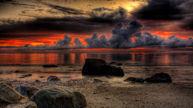 Rocks on Beach at Sunset — Red, Dramatic, Photograph, Ocean, Sky, Clouds, Boat