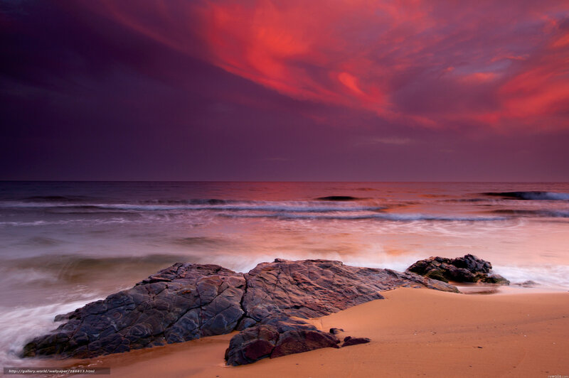 Rocks on Beach at Sunset — Red, Dramatic, Photograph, Ocean, Sky, Sand