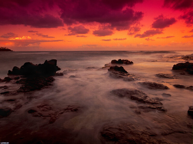 Rocks on Beach at Sunset — Red, Dramatic, Photograph, Ocean, Sky