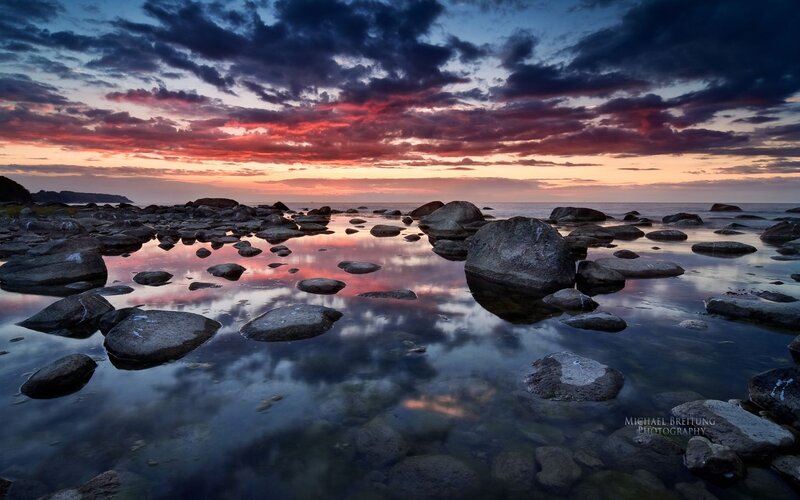 Rocks on Beach at Sunset — Red, Dramatic, Photograph, Sky, Clouds, Ocean