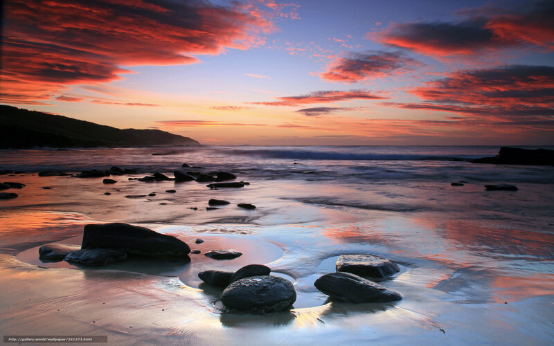 Rocks on Beach at Sunset — Red, Dramatic, Photograph, Sky, Ocean, Hills