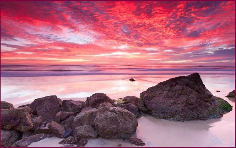 Rocks on Beach at Sunset — Red, Dramatic, Photograph, Sky, Ocean, Sand