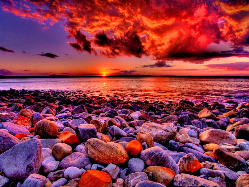 Rocks on Beach at Sunset — Red, Dramatic, Photograph, Sky, Ocean