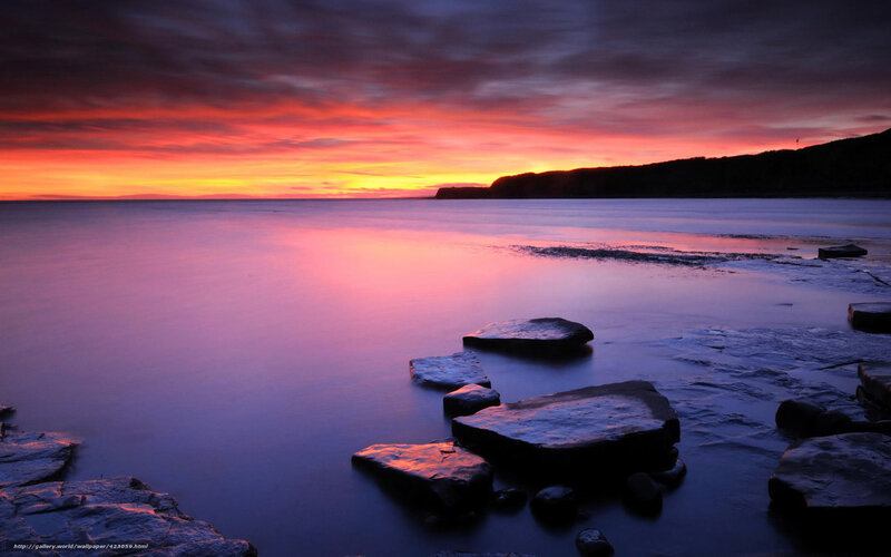Rocks on Beach at Sunset — Red, Dramatic, Photograph, Sky, Sea