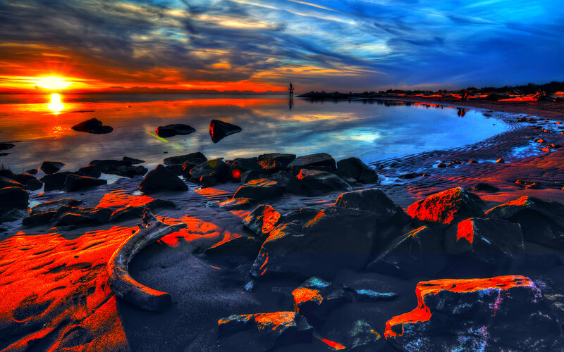 Rocks on Beach at Sunset — Red, Dramatic, Photograph, Sun