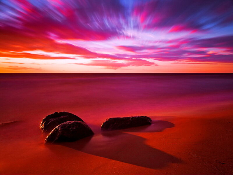 Rocks on Beach at Sunset — Red, Dramatic, Photograph