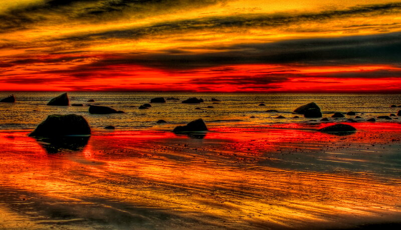 Rocks on Beach at Sunset — Red