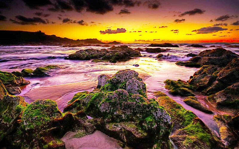 Rocks on Beach at Sunset — Yellow, Dramatic, Photograph