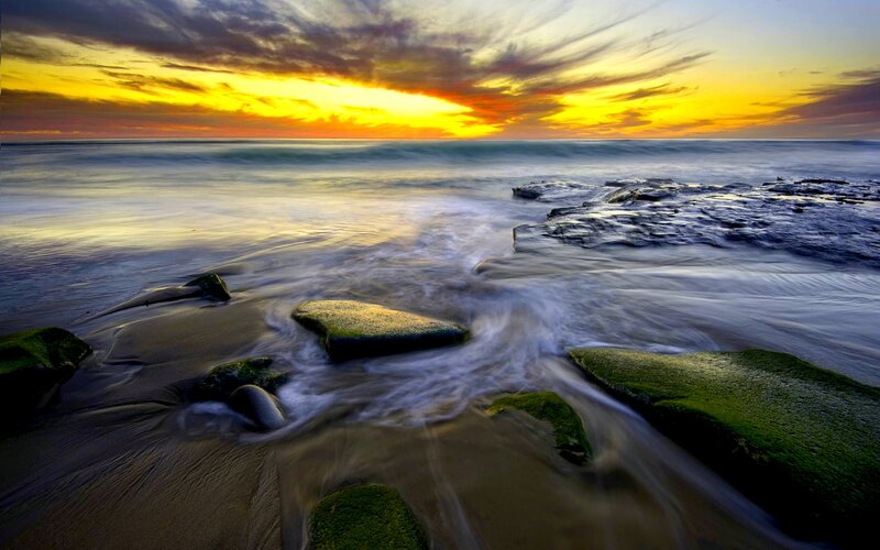 Rocks on Beach at Sunset — Yellow, Dramatic