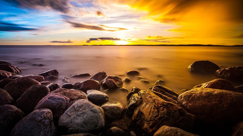 Rocks on Beach at Sunset — Yellow, Serene, Photograph