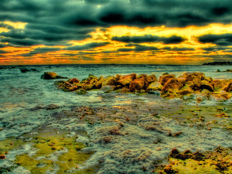 Rocks on Beach at Sunset — Yellow