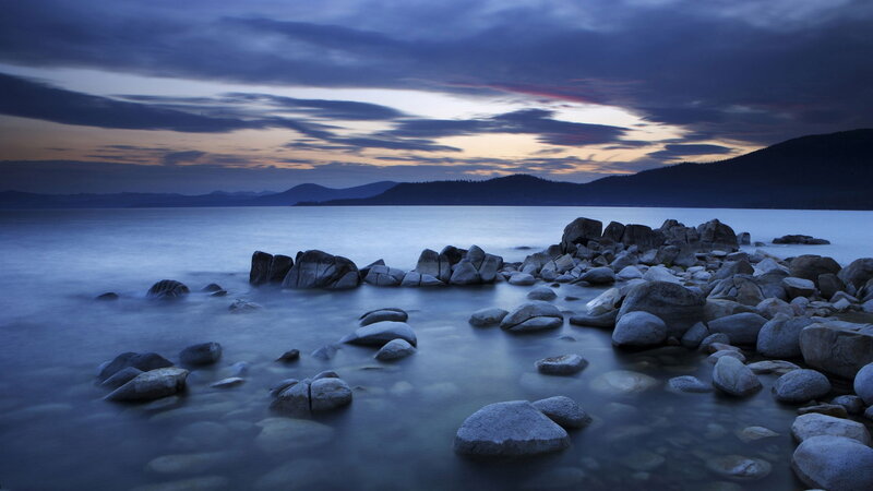 Rocks on Lake Shore — Blue, Serene, Sunset