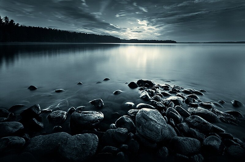 Rocks on Lake Shore — Blue, Serene