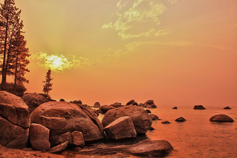 Rocks on Lake Shore — Orange, Dramatic, Sunset