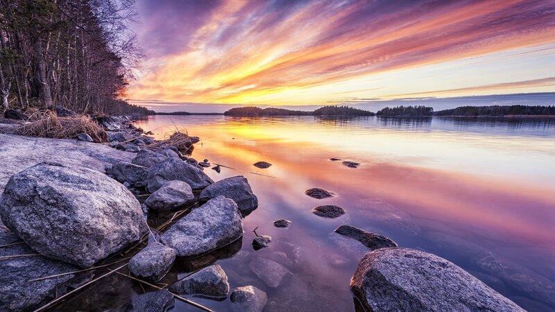 Rocks on Lake Shore — Purple, Serene, Sunset
