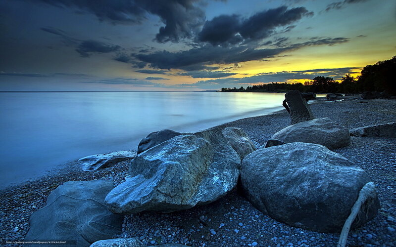 Rocks on Pebble Beach — Blue, Dramatic, Sunset, Photograph, Sea