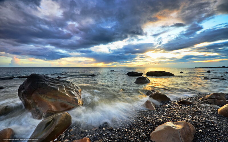 Rocks on Pebble Beach — Blue, Dramatic, Sunset, Photograph