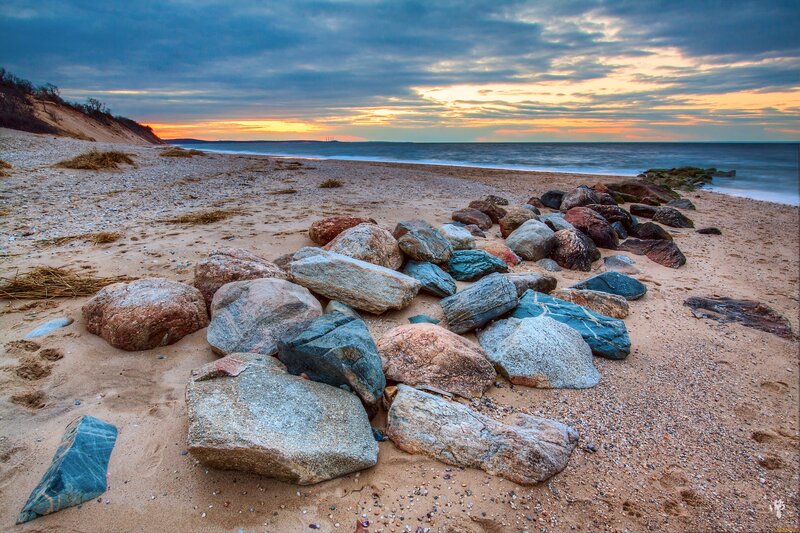 Rocks on Sandy Beach — Blue, Serene, Sunset, Photograph, Ocean