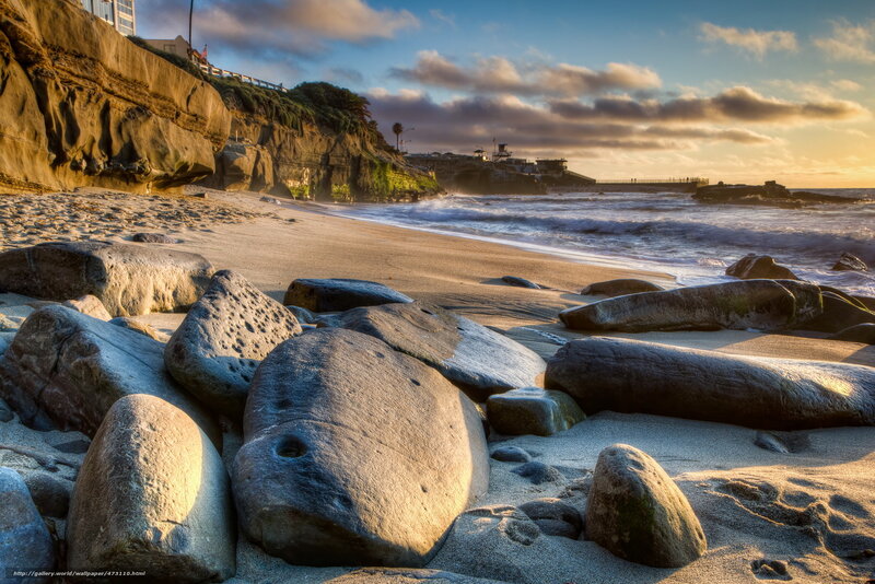 Rocks on Sandy Beach — Blue, Serene, Sunset, Photograph